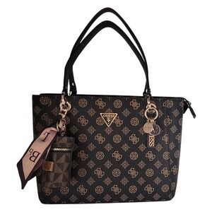 GUESS Monogram Logo Tote Bag Brown Tan 4G Print Triple Compartment Shoulder Bag